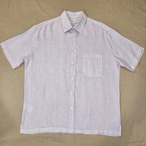 Haris‎ Cotton 100% Linen Men's Button Up Shirt Short Sleeve Pink Size Medium